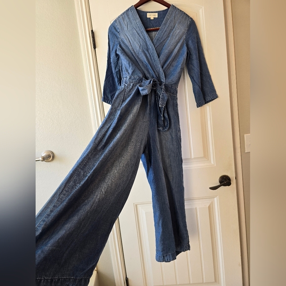 Anthropologie Cloth & Stone  Chambray Wrap Jumpsuit XS Blue Wide Leg Tie Waist - Picture 5 of 16